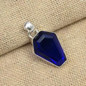 Подвеска ручной работы из серебра 925 пробы с голубым сапфиром, созданная в лаборатории 1.57 Inches синий