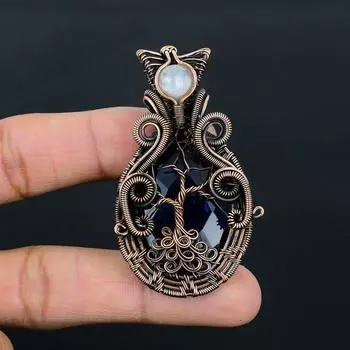 Подвеска ручной работы из синего сапфира и лунного камня, созданная в лаборатории, в обертке из чистой медной проволоки, ювелирные изделия 2.56 Inches синий