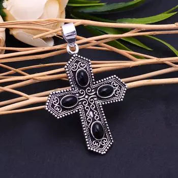 Подвеска ручной работы из стерлингового серебра 925 пробы с натуральным черным ониксом 3 дюйма B1y94