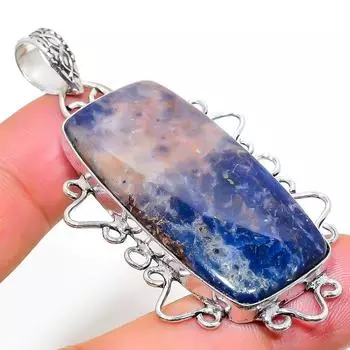 Подвеска ручной работы из стерлингового серебра 925 пробы с натуральным драгоценным камнем содалитом 2,56 дюйма M1Q68