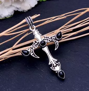 Подвеска ручной работы из стерлингового серебра 925 пробы с натуральным черным ониксом 2,50 дюйма N7K09