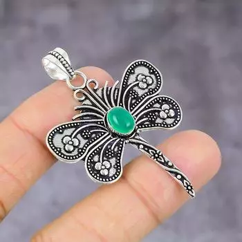 Подвеска ручной работы из стерлингового серебра 925 пробы с натуральным зеленым ониксом 2,21 дюйма f7f23