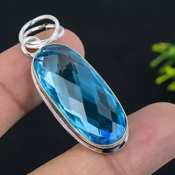 Подвеска ручной работы из стерлингового серебра 925 пробы с натуральным синим топазом 2,17 дюйма N9W07