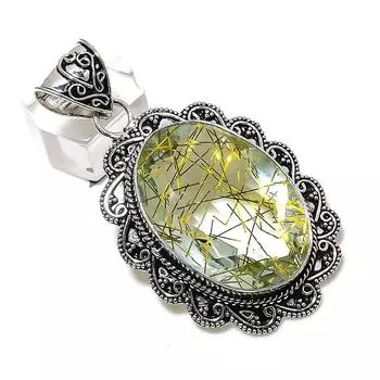 Подвеска ручной работы из стерлингового серебра 925 пробы с натуральным золотым рутилом 2,44 дюйма E7W06