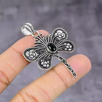 Подвеска ручной работы из стерлингового серебра 925 пробы с натуральным черным ониксом 2,21 дюйма A0V47