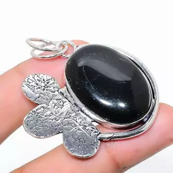 Подвеска ручной работы из стерлингового серебра 925 пробы с натуральным черным ониксом 2,05 дюйма M8v07