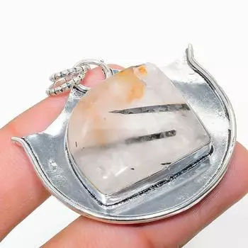 Подвеска ручной работы из стерлингового серебра 925 пробы с натуральным черным рутилом 1,81 дюйма Z9Q18