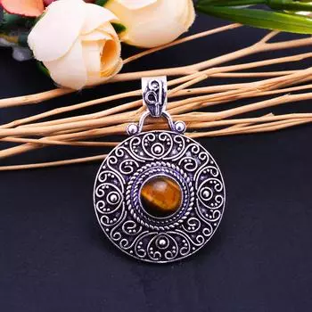 Подвеска ручной работы из стерлингового серебра 925 пробы с натуральным тигровым глазом размером 1,75 дюйма D9R74