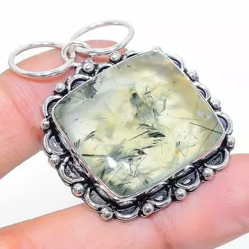 Подвеска ручной работы из стерлингового серебра 925 пробы с натуральным драгоценным камнем пренитом 1,89 дюйма T9w84