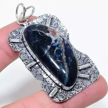 Подвеска ручной работы из стерлингового серебра 925 пробы с натуральным драгоценным камнем содалитом 2,48 дюйма L9N26