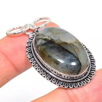 Подвеска ручной работы из стерлингового серебра 925 пробы с натуральным лабрадоритом 1,97 дюйма Q4v37