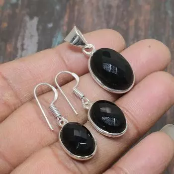 Подвеска ручной работы с черной шпинелью и серьгами из стерлингового серебра 925 пробы, комплект ювелирных изделий чёрный