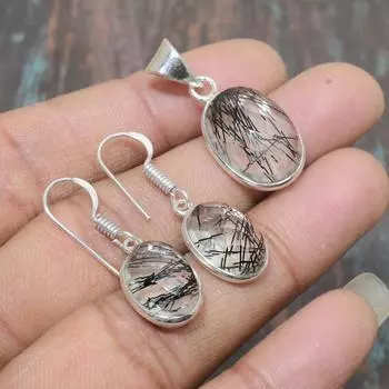 Подвеска ручной работы с черным рутиловым драгоценным камнем + серьги из стерлингового серебра 925 пробы, комплект ювелирных изделий чёрный