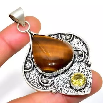 Подвеска ручной работы с цитрином и тигровым глазом, посеребренная 925 пробы, 2,65 дюйма 2.65 жёлтый
