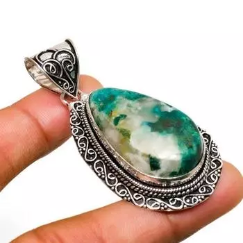 Подвеска ручной работы с драгоценным камнем хризоколла, посеребренная 925 пробы, 2,34 дюйма 2.34 синий