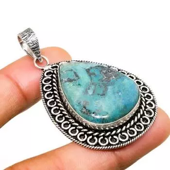 Подвеска ручной работы с драгоценным камнем хризоколла, посеребренная 925 пробы, 2,08 дюйма 2.08 синий