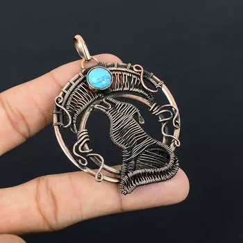 Подвеска ручной работы с драгоценным камнем из чистой медной проволоки «Спящая красавица» и бирюзой, ювелирные изделия ручной работы 2.95 Inches синий