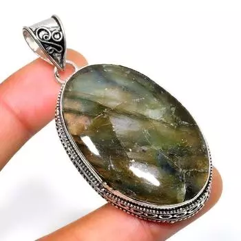 Подвеска ручной работы с драгоценным камнем Лабрадорит 925 пробы, посеребренная, 2,34 дюйма 2.34 чёрный