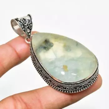 Подвеска ручной работы с драгоценным камнем пренит, посеребренная 925 проба, 2,46 дюйма 2.46 зелёный
