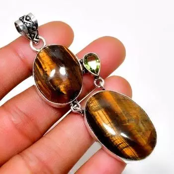 Подвеска ручной работы с драгоценным камнем тигровый глаз и перидотом, посеребренная 925 пробы, 2,84 дюйма 2.84 жёлтый