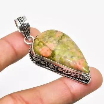 Подвеска ручной работы с драгоценным камнем унакит, посеребренная 925 проба, 2,08 дюйма 2.08 зелёный