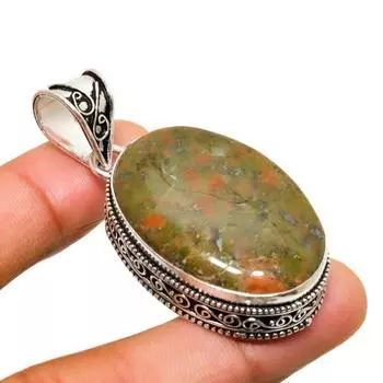 Подвеска ручной работы с драгоценным камнем унакит, посеребренная 925 проба, 2,08 дюйма 2.08 зелёный