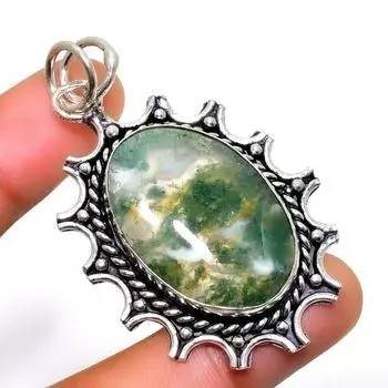 Подвеска ручной работы с индийским моховым агатом, посеребренная проба 925 пробы, 2,08 дюйма 2.08 зелёный