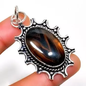 Подвеска ручной работы с полосатым агатом 925 пробы, посеребренная, 2,08 дюйма 2.08 чёрный