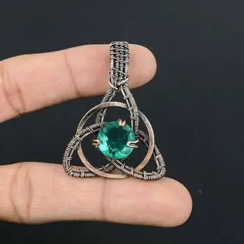 Подвеска с акваапатитовым драгоценным камнем «Кельтский семейный узел», обернутая медной проволокой, граненый апатитовый кулон, кулон ручной работы, ювелирное изделие, подарок на день рождения