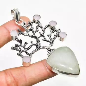 Подвеска с аквамарином и розовым халцедоном, посеребренная 925 проба, 3,03 дюйма 3.03 цвет морской волны