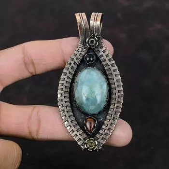 Подвеска с аквамарином, подвеска из медной проволоки, подвеска из красного дерева, обсидиана и синего солнечного камня, ювелирные изделия из драгоценных камней, подвеска ручной работы из меди