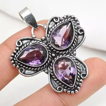 Подвеска с аметистом и драгоценными камнями, кулон из стерлингового серебра 925 пробы, ювелирное изделие ручной работы, кулон с камнем по дате рождения, подарок для него 1.88 Inches фиолетовый