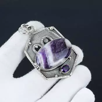 Подвеска с аметистом и шевроном, натуральный аметист и шеврон, ручная работа, серебро 925 пробы, аметист и шеврон, подвеска для женщин, подарочный кулон 5.5 Cm. фиолетовый