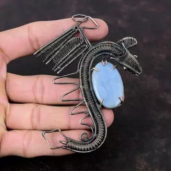 Подвеска с ангелитом, медная проволока, кулон с драконом, кулон с драгоценным камнем, ювелирные изделия с ангелитом, уникальный стиль ручной работы, медные украшения для подарка