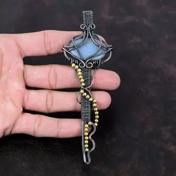 Подвеска с ангелитом, подвеска из медной проволоки, подвеска с ключом, ювелирные изделия из драгоценных камней с ангелитом, подвеска ручной работы в стиле бохо, удивительный медный ювелирный подарок, подарок для него