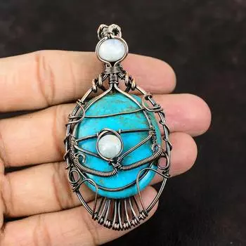 Подвеска с бирюзой от сглаза Аризона, обернутая медной проволокой, ювелирные изделия от дизайнера, подвеска с лунным камнем от сглаза, ювелирные изделия ручной работы, подарок для матери