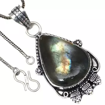 Подвеска с блестящим лабрадоритом, драгоценным камнем, ко Дню святого Валентина, этническое серебряное украшение, 2 дюйма