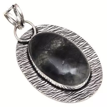 Подвеска с черным рутиловым драгоценным камнем, подарок ручной работы для нее, серебряное украшение 2,25 дюйма