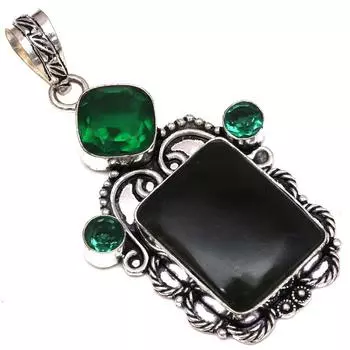 Подвеска с черным спинальным изумрудом, кварцевым драгоценным камнем, серебряное украшение ручной работы 2,5 дюйма