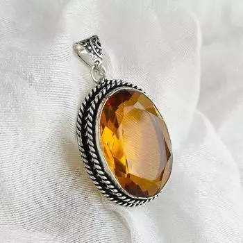 Подвеска с цитрином 925 Серебряная подвеска-цепочка Большой размер Подвеска с драгоценным камнем цитрина