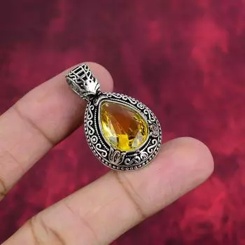 Подвеска с цитрином, ювелирные изделия из стерлингового серебра 925 пробы с драгоценными камнями, подвеска ручной работы, на День Благодарения 1.50 Inches жёлтый