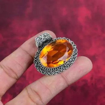 Подвеска с цитрином, ювелирные изделия из стерлингового серебра 925 пробы с драгоценными камнями, подвеска ручной работы, на День Благодарения 1.50 Inches жёлтый