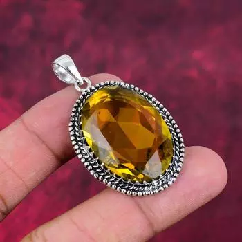 Подвеска с цитрином, ювелирные изделия из стерлингового серебра 925 пробы с драгоценными камнями, подвеска ручной работы, на День Благодарения 2.02 Inches жёлтый