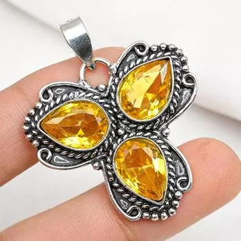 Подвеска с цитрином, ювелирные изделия из стерлингового серебра 925 пробы с драгоценными камнями, подвеска ручной работы, на День Благодарения 1.88 Inches жёлтый