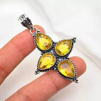 Подвеска с цитрином, ювелирные изделия из стерлингового серебра 925 пробы с драгоценными камнями, подвеска ручной работы, на День Благодарения 2.55 Inches жёлтый
