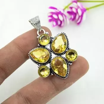 Подвеска с цитрином, ювелирные изделия из стерлингового серебра 925 пробы с драгоценными камнями, подвеска ручной работы, на День Благодарения 1.92 Inches жёлтый