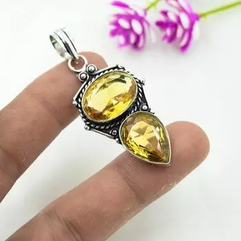 Подвеска с цитрином, ювелирные изделия из стерлингового серебра 925 пробы с драгоценными камнями, подвеска ручной работы, на День Благодарения 2.16 Inches жёлтый