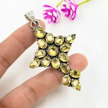 Подвеска с цитрином, ювелирные изделия из стерлингового серебра 925 пробы с драгоценными камнями, подвеска ручной работы, на День Благодарения 1.85 Inches жёлтый