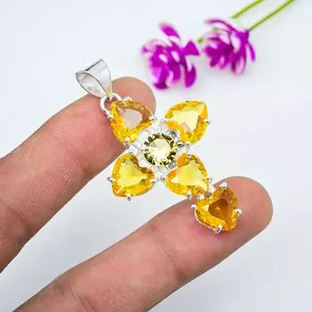 Подвеска с цитрином, ювелирные изделия из стерлингового серебра 925 пробы с драгоценными камнями, подвеска ручной работы, на День Благодарения 2 Inches жёлтый
