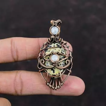 Подвеска с далматинской яшмой от сглаза, медная проволока, кулон с драгоценным камнем, подвеска из радужного лунного камня, медные украшения ручной работы, подарок для помолвки